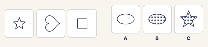 Figure classification: a white star, a white heart and a white square. Choices: A, a white oval; B, a dotted oval; C, a dotted star.