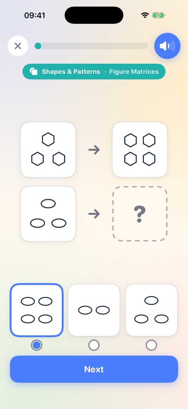 A practice test question with answer bubbles and a Next button